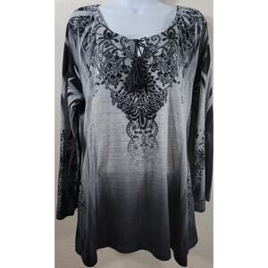 World Unity Woman Black Gray Floral Rhinestone Tassel Tie Top 0X Lightweight